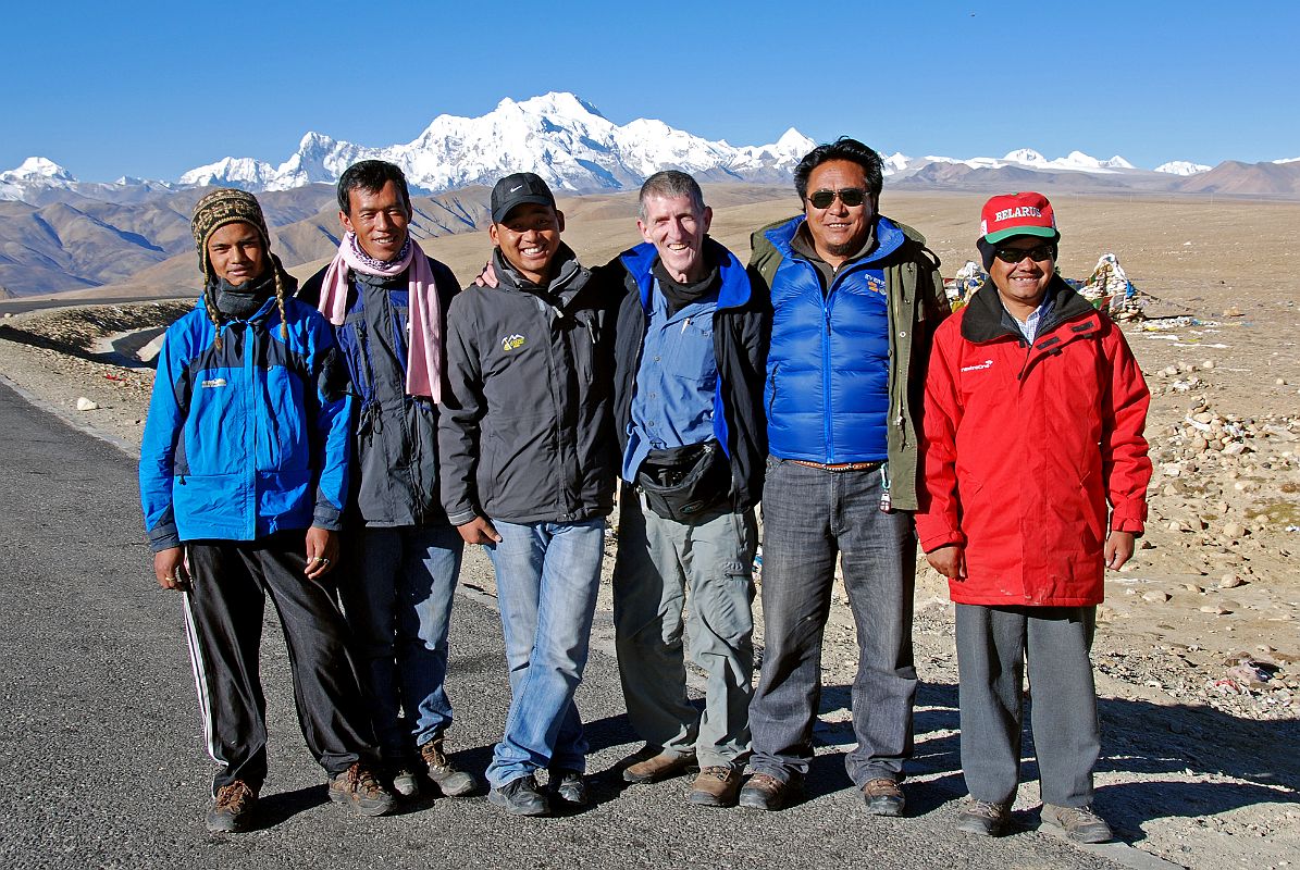 20 Pemba Rinjii, Pasang, Ngawang, Jerome Ryan, Pemba, Gyan Tamang On Tong La With Shishapangma Behind Here is my 2010 crew on the Tong La with Shishapangma behind: cook Pemba Rinjii, cook�s helper Pasang, Tibetan guide Ngawang, Jerome Ryan, Tibetan driver Pemba, and Nepalese guide Gyan Tamang.
